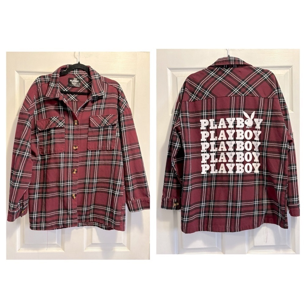 PLAYBOY Flannel Long Sleeve Button Up Shirt Burgundy Black White Plaid Sz Medium